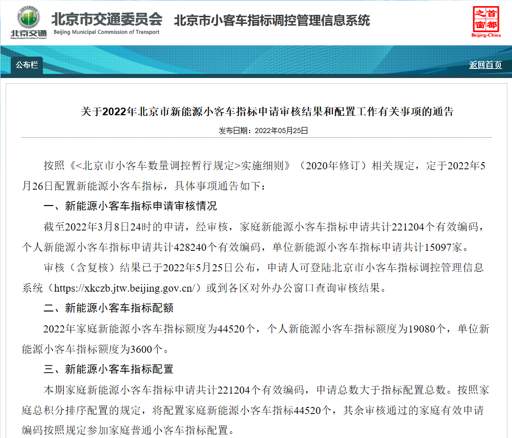 小客车指标调控管理信息系统（2022北京新能源小客车指标配置结果公布）